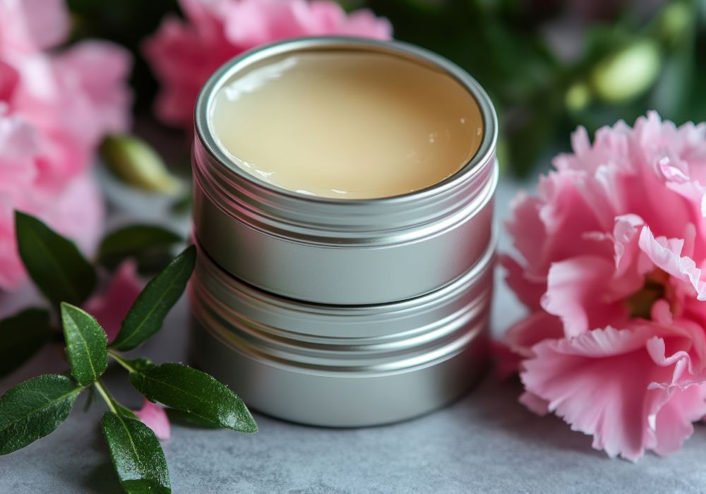 Déodorant naturel fait maison dans une boîte métallique, entouré de fleurs roses