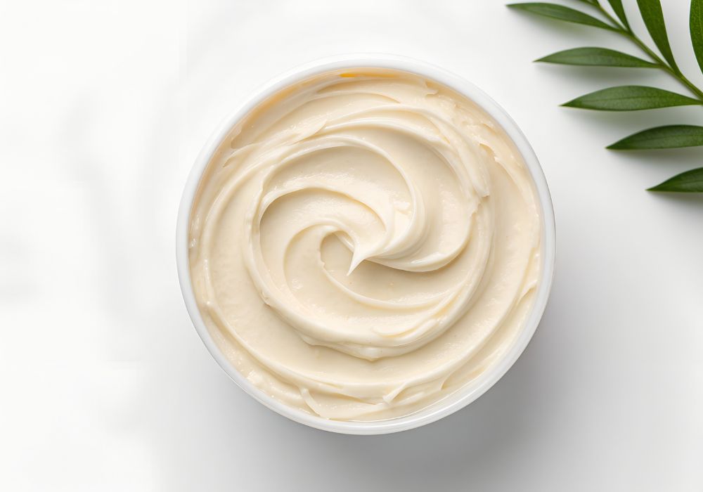 Chantilly de karité maison à la texture onctueuse dans un pot blanc vue du dessus