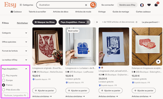 Capture d'écran d'une recherche Etsy sur le mot illustration, avec le filtre Pays d'expédition réglé sur France entouré dans la colonne de gauche et quatre linogravures dans les résultats
