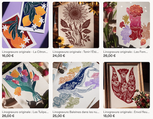 Six linogravures de L'Atelier de Jess : citrons, tournesol, silhouettes de femmes, bouquet de tulipes, baleine dans les vagues et envol de fleurs encadré