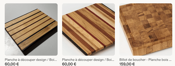 Trois planches à découper en bois de Vieille Bûche : deux planches design à bandes de bois clair et foncé et un billot de boucher en bois de bout