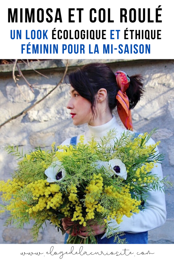 Look mode éthique écologique KLOW Ondinema hiver mi-saison robe salopette en jean pull col roulé doudoune sans manches #lookhiver #hiver #misaison #mode #modeéthique #sustainablefashion #jeans #frenchstyle #colroulé #turtleneck #bouquet #mimosa