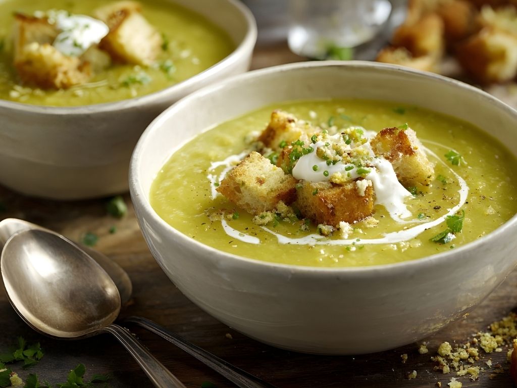 Bol de soupe de pois cassés onctueuse avec croûtons dorés