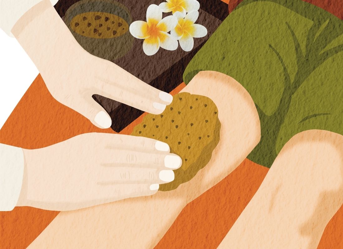 Illustration de l'application d'un cataplasme d'argile sur une jambe