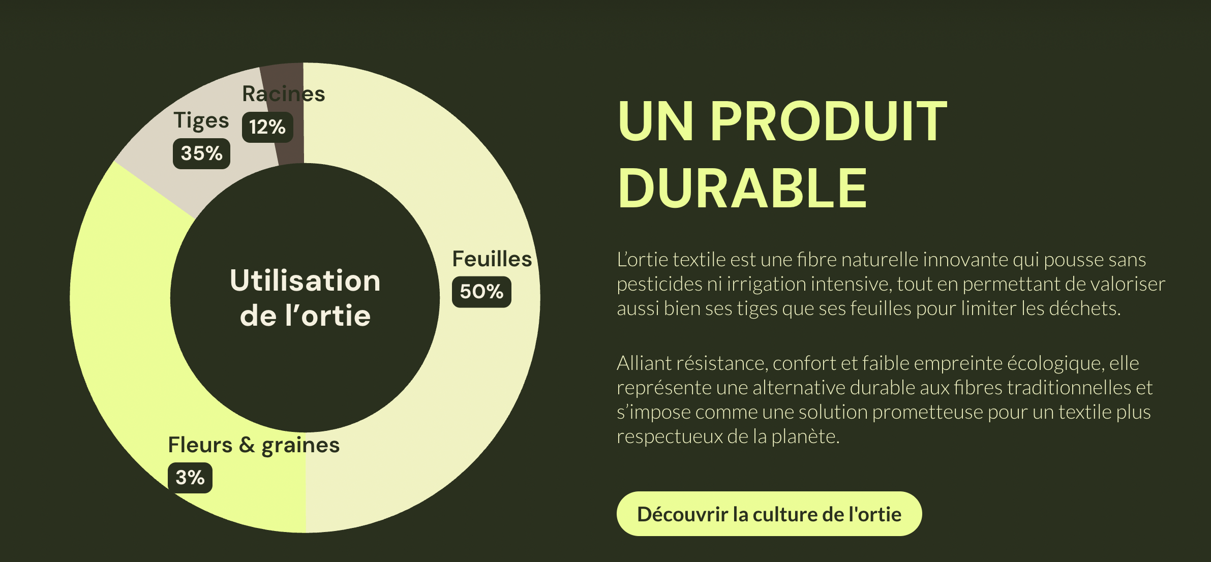 Infographie répartissant l'utilisation de l'ortie entre feuilles, tiges, racines et fleurs