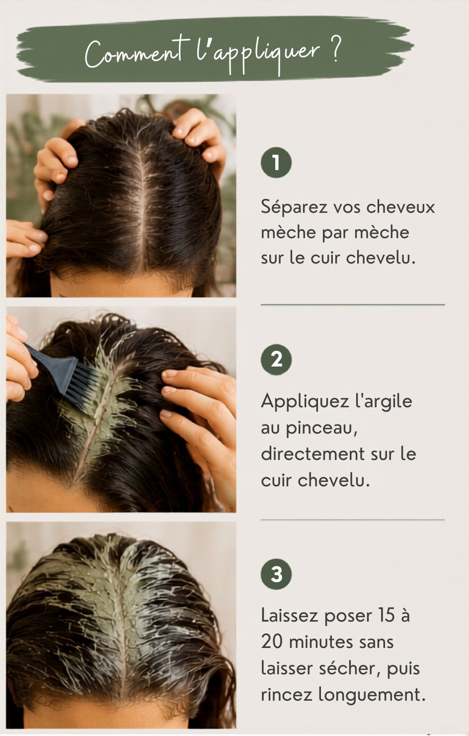 Infographie en trois étapes intitulée « Comment l'appliquer ? », avec trois photos du dessus d'un crâne aux cheveux bruns mouillés. 1 : séparez vos cheveux mèche par mèche sur le cuir chevelu. 2 : appliquez l'argile au pinceau, directement sur le cuir chevelu, la raie est couverte de pâte verte. 3 : laissez poser 15 à 20 minutes sans laisser sécher puis rincez longuement, plusieurs raies sont couvertes d'argile.