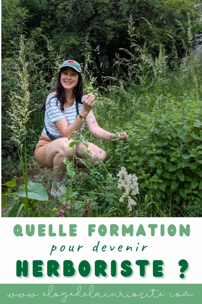 Ondine accroupie au milieu de hautes herbes et de plantes en fleurs, casquette verte et t-shirt rayé, une tige à la main. Texte : Quelle formation pour devenir herboriste ? www.elogedelacuriosite.com