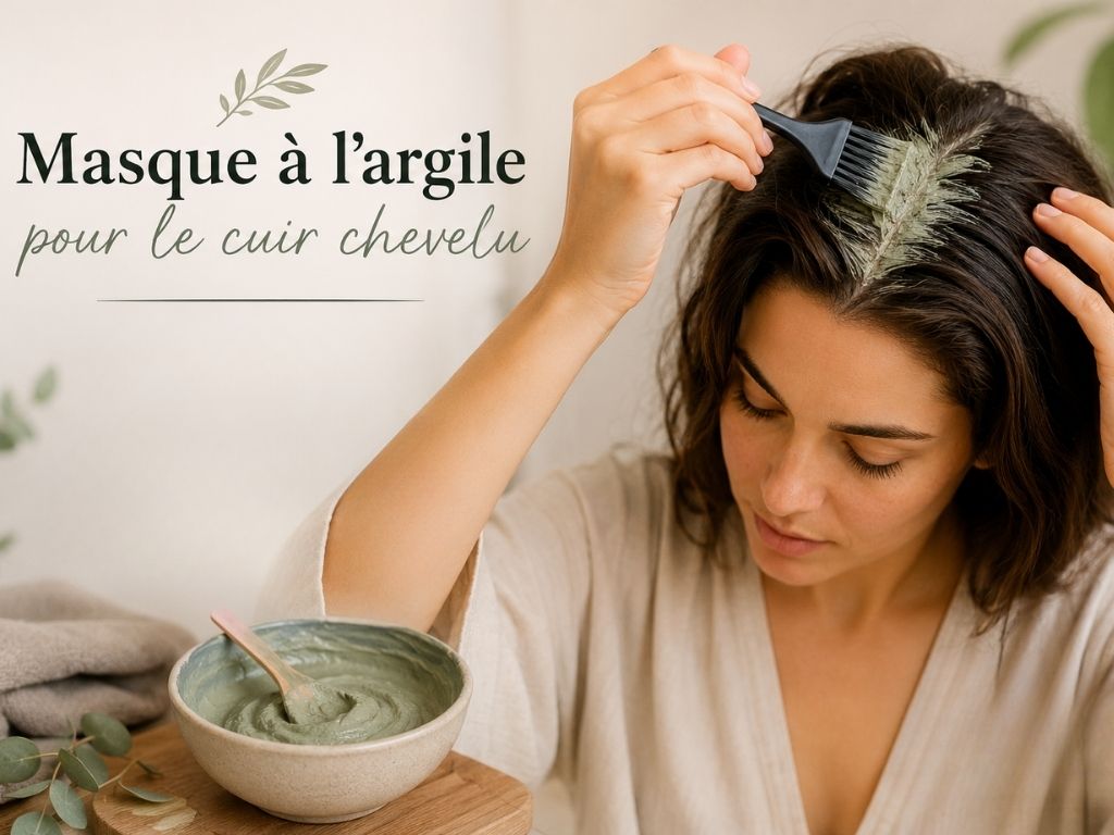 Une femme en peignoir de lin applique de l'argile verte au pinceau sur ses racines, devant un bol de pâte d'argile verte et une serviette pliée. Texte : Masque à l'argile pour le cuir chevelu